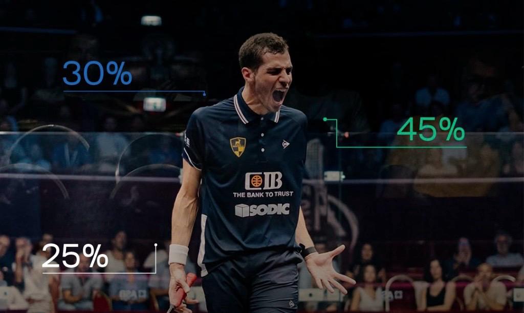 Professional squash player with performance analytics overlay